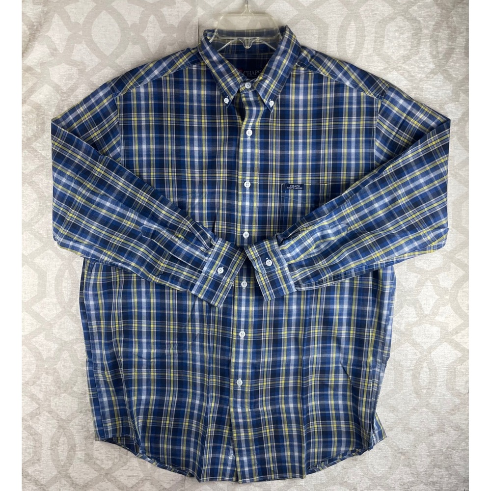 Chaps Ralph Lauren Mens Large Blue Yellow Plaid Button Down Shirt Cotton Blend L
